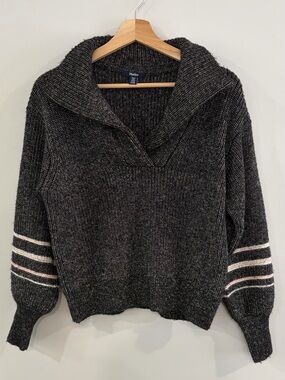 Hatley Charcoal Cowl Neck Sweater with Pink & White Sleeve Stripes